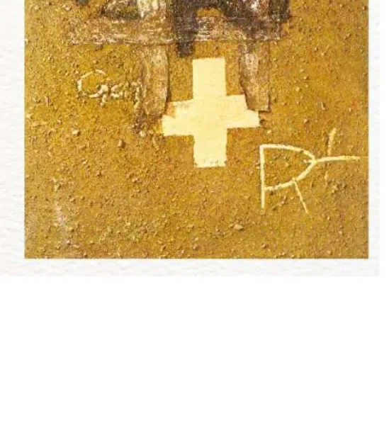 Pintura matèrica en tons terrosos amb una creu