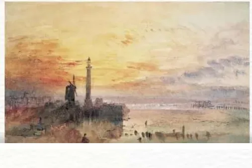 Aquarel·la d'un paisatge costaner a la posta de sol